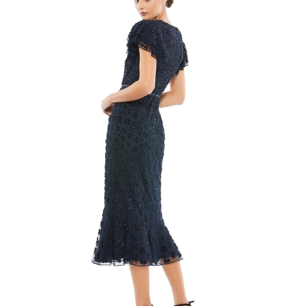 Mac Duggal 10771 NWT HAND BEADED FLOUNCE SLEEVE MIDI DRESS (Blue) - Picture 3 of 12